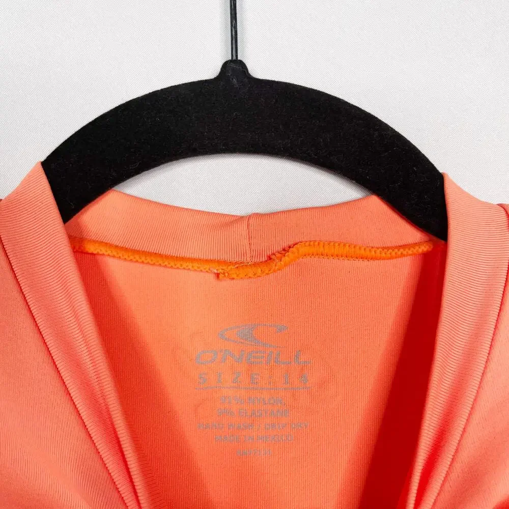 ONeill Girls Size 14 Bright Orange Short Sleeve Swim Rashguard Top Skins UPF 50+